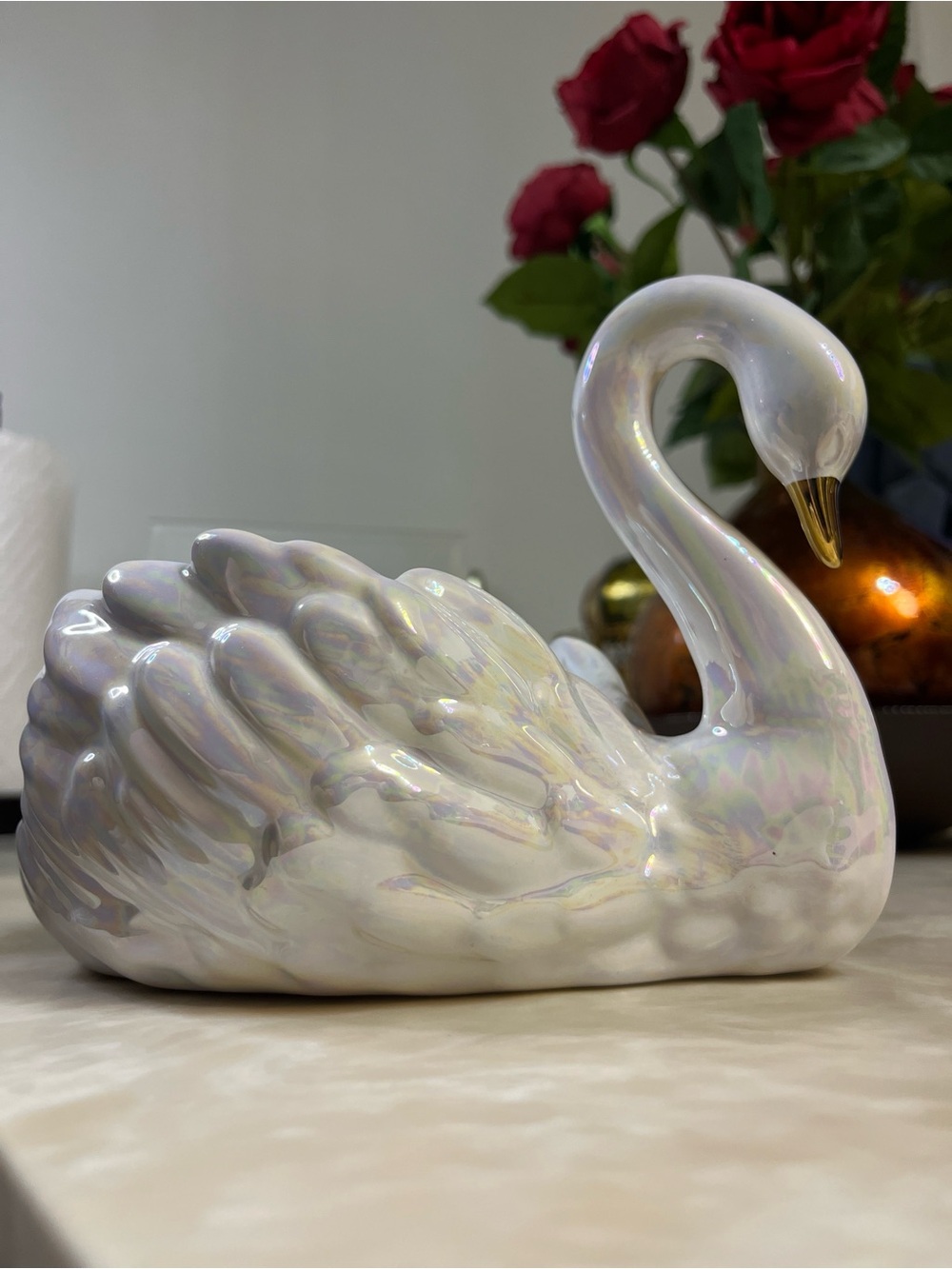 Iridescent Ceramic Swan Figurine / Candle Holder with Gold Beak